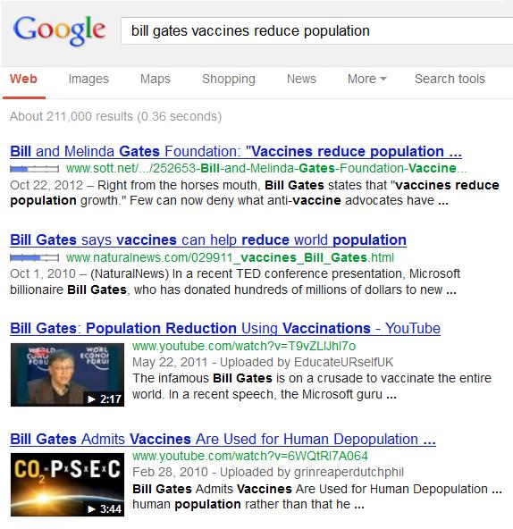 Google search results for "Bill gates Vaccines Reduce Population"