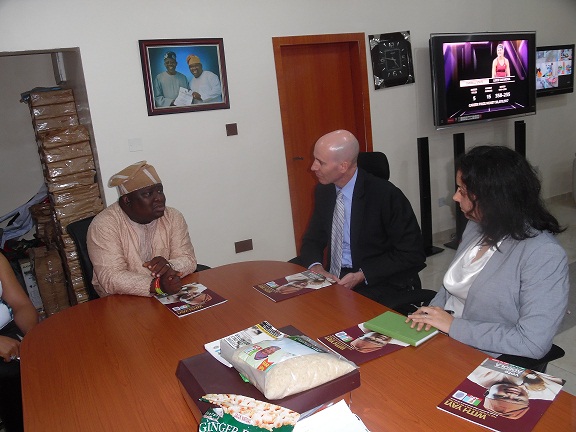 L-R Hon. Solomon Adeola, APC Senatorial candidate for Lagos West and Mr. Tom Hines the Political Economic Chief of US Consulate General and Ms. Erica Chuisano, the Political Officer during a Courtesy visit by the Consulate to Hon. Adeola's Campaign Office in Lagos 