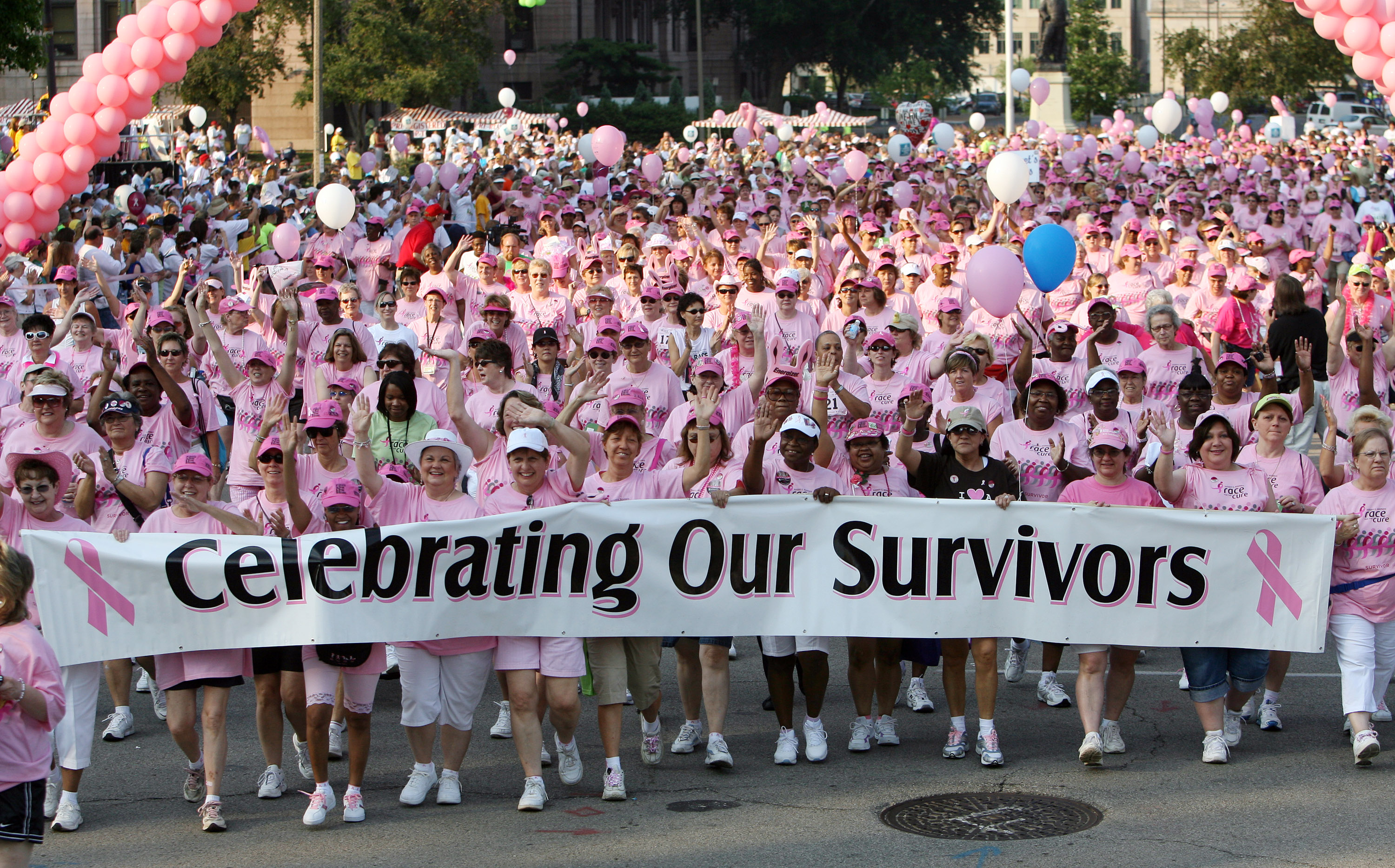 Breast cancer survivors march before the beginning of the Susan G. Komen Race For the Cure in St. Louis on June 16, 2007. Over $2.5 million was raised during the race, while nearly 65 thousand walked and ran in the race. Funds will be used for breast cancer research in the St. Louis area. (UPI Photo/Bill Greenblatt) (Newscom TagID: upiphotos785660) [Photo via Newscom]