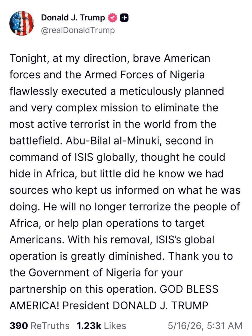 President Trump's Truth Social post announcing the killing of Abu-Bilal al-Minuki